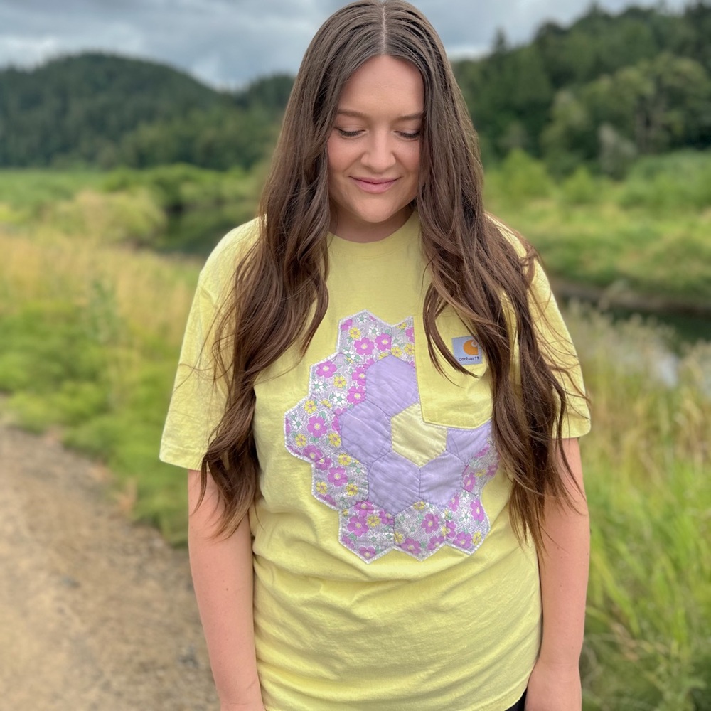 Carhartt T-shirt with vintage quilt flower patch